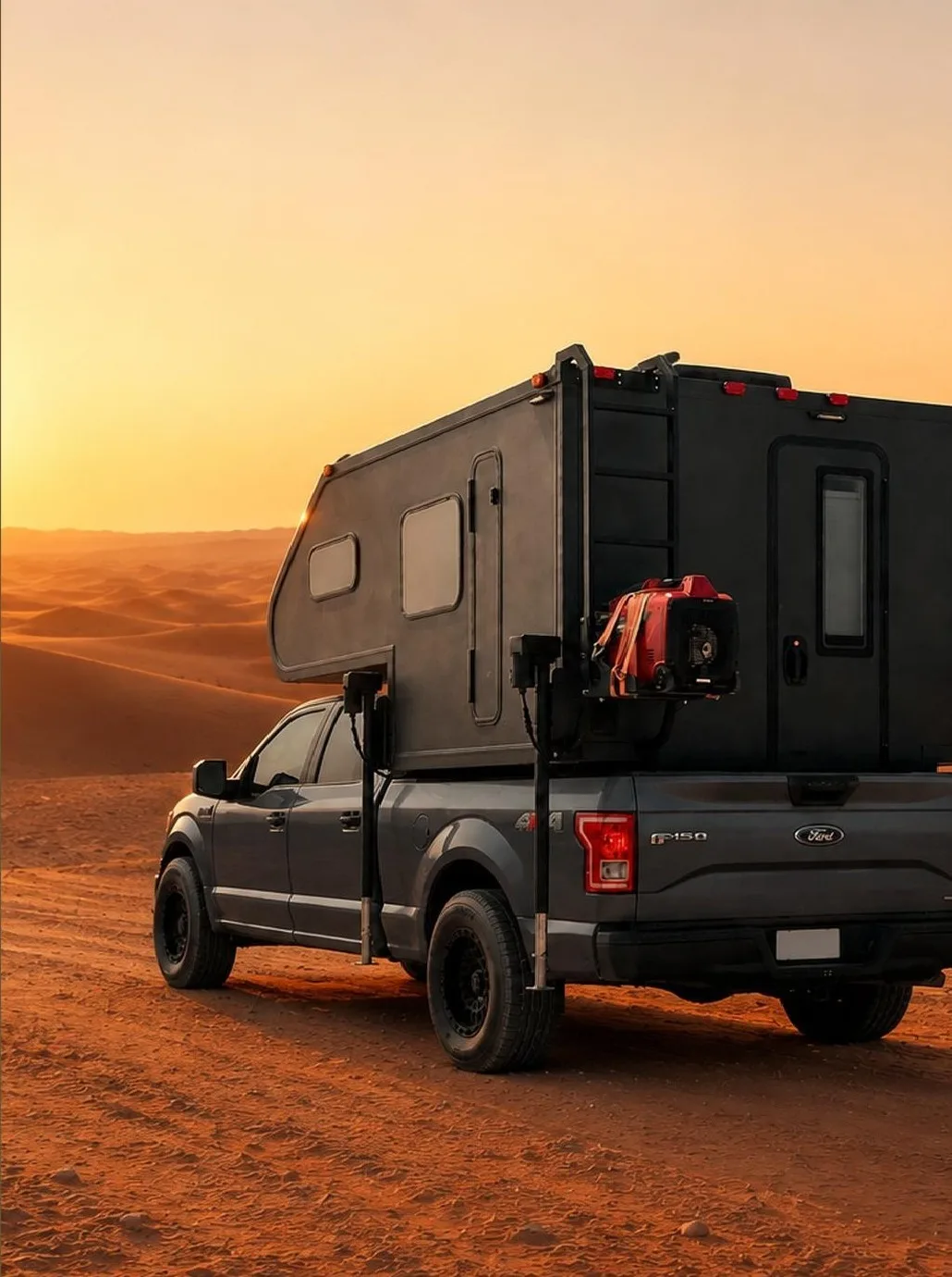 Leman ATLAS camper on a pickup truck in the desert at sunset