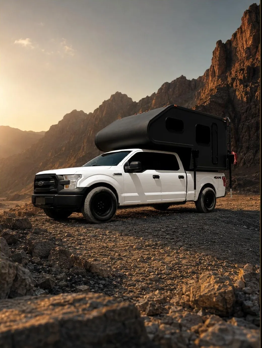 Leman ATLAS camper on a pickup truck in mountain terrain