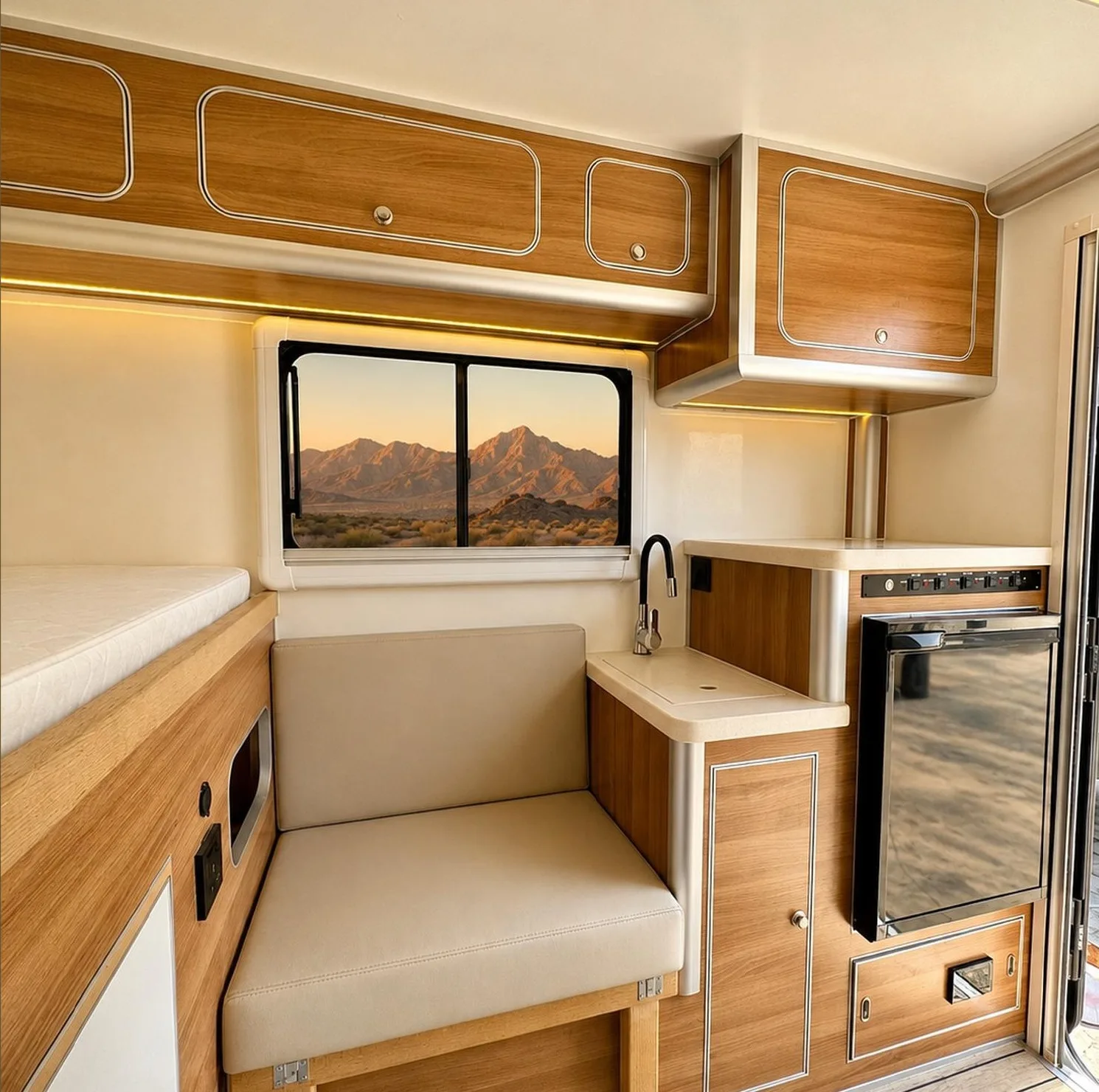 Galley kitchen with sink and refrigerator inside the Leman ATLAS camper